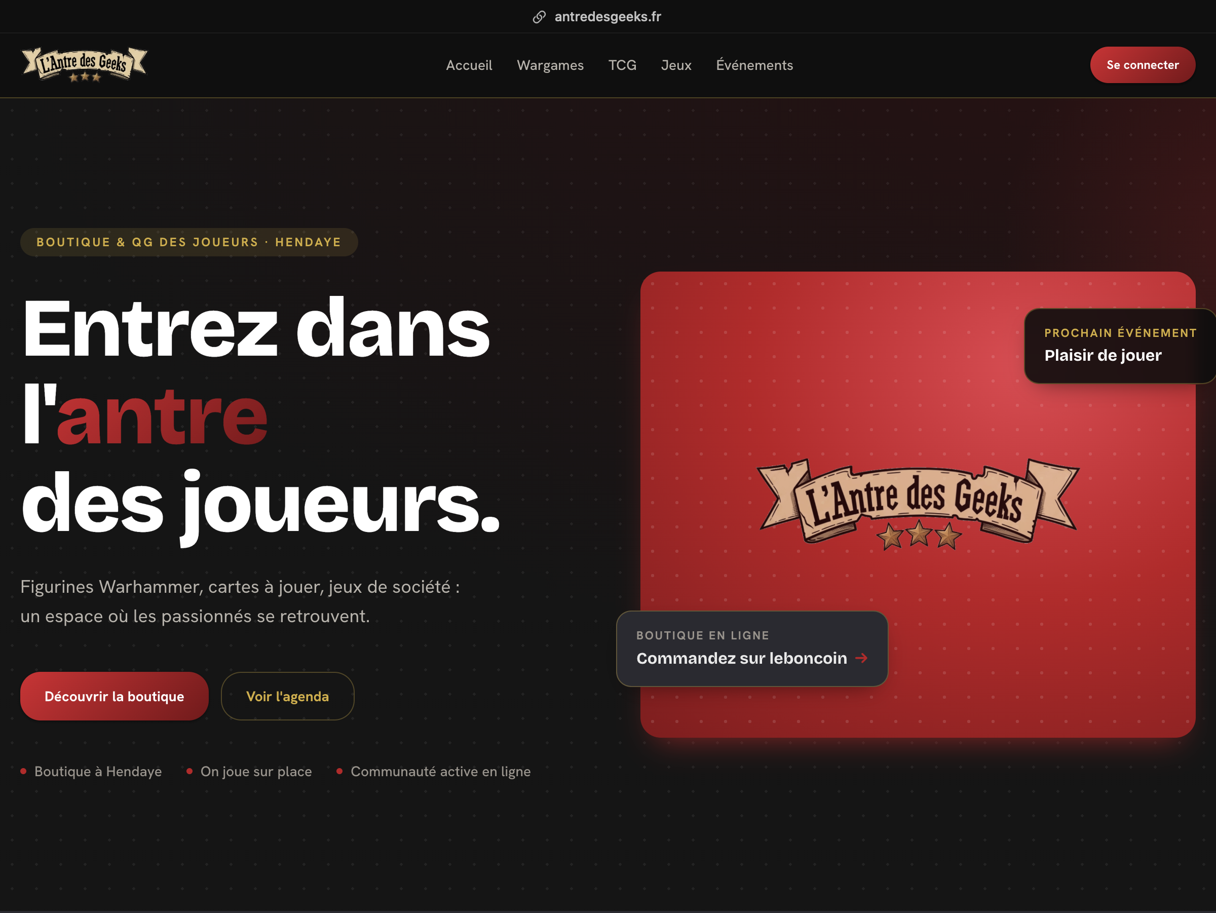 Page d'accueil du site L'Antre des Geeks