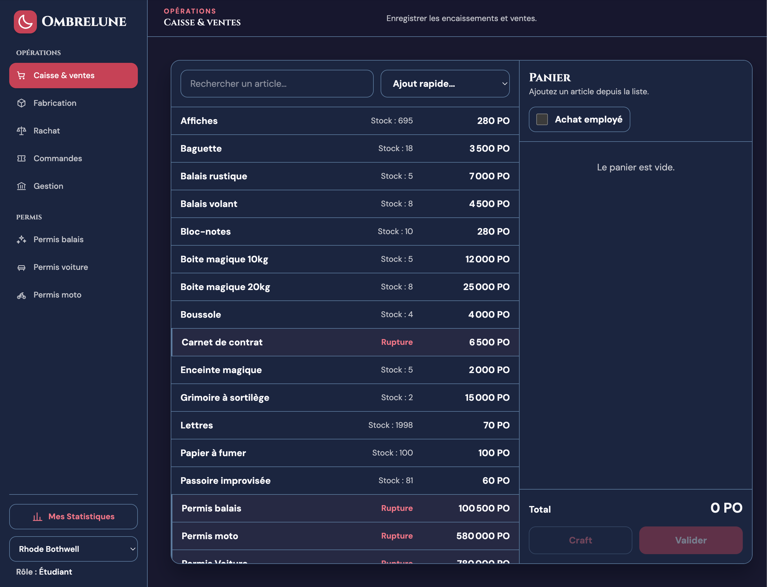 Interface de caisse et ventes de l'ERP Ombrelune